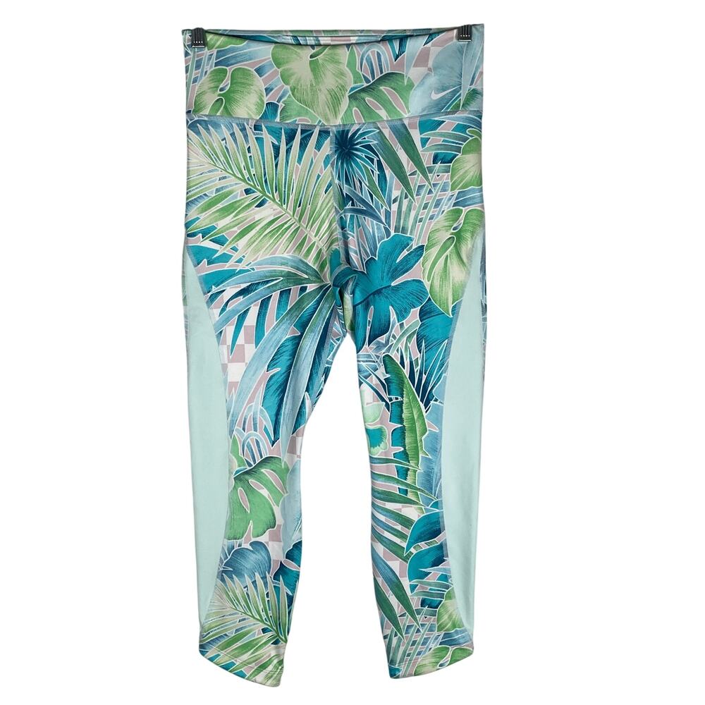 Nike One Dri-FIT 7/8 Tropical Floral Leggings Womens M Blue Yoga Gym Athleisure